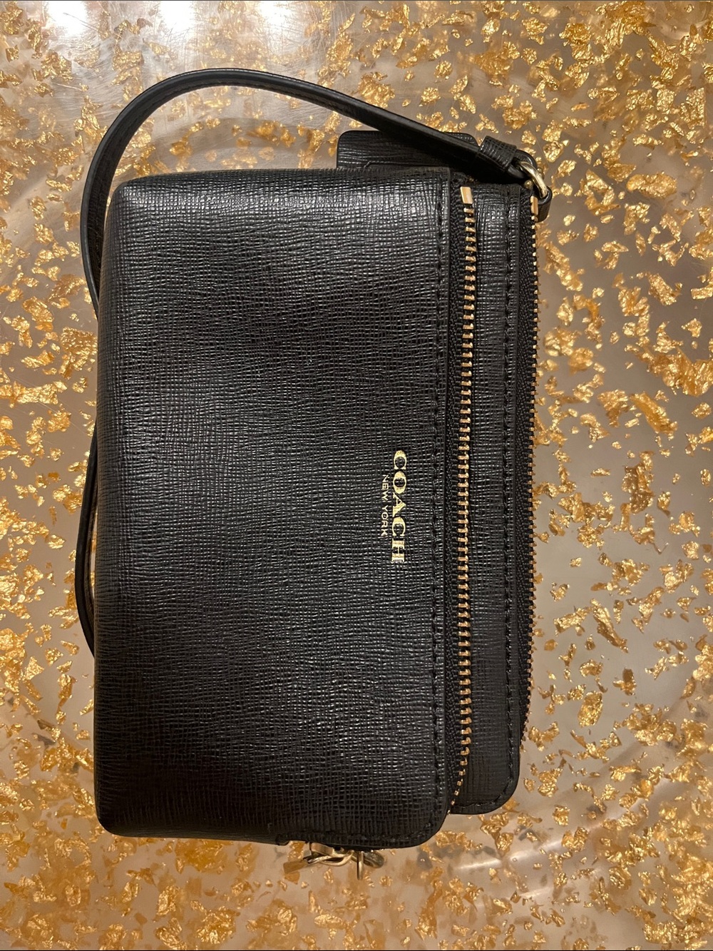 Coach Black Leather Zip Wristlet with Gold Hardware